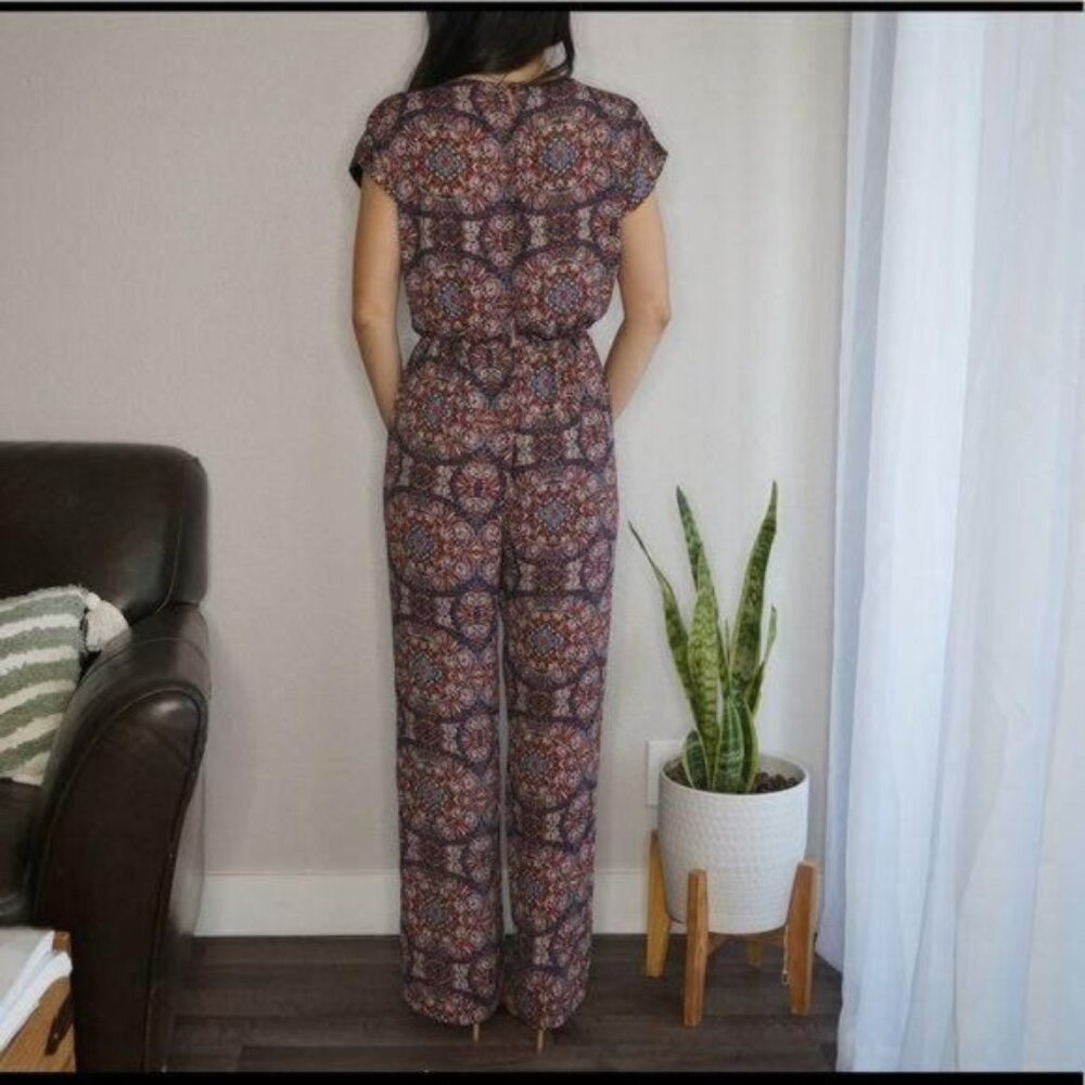 Multicolor Cap Sleeve Boat Neck Palazzo Jumpsuit Geometric Print Size M - Picture 3 of 11